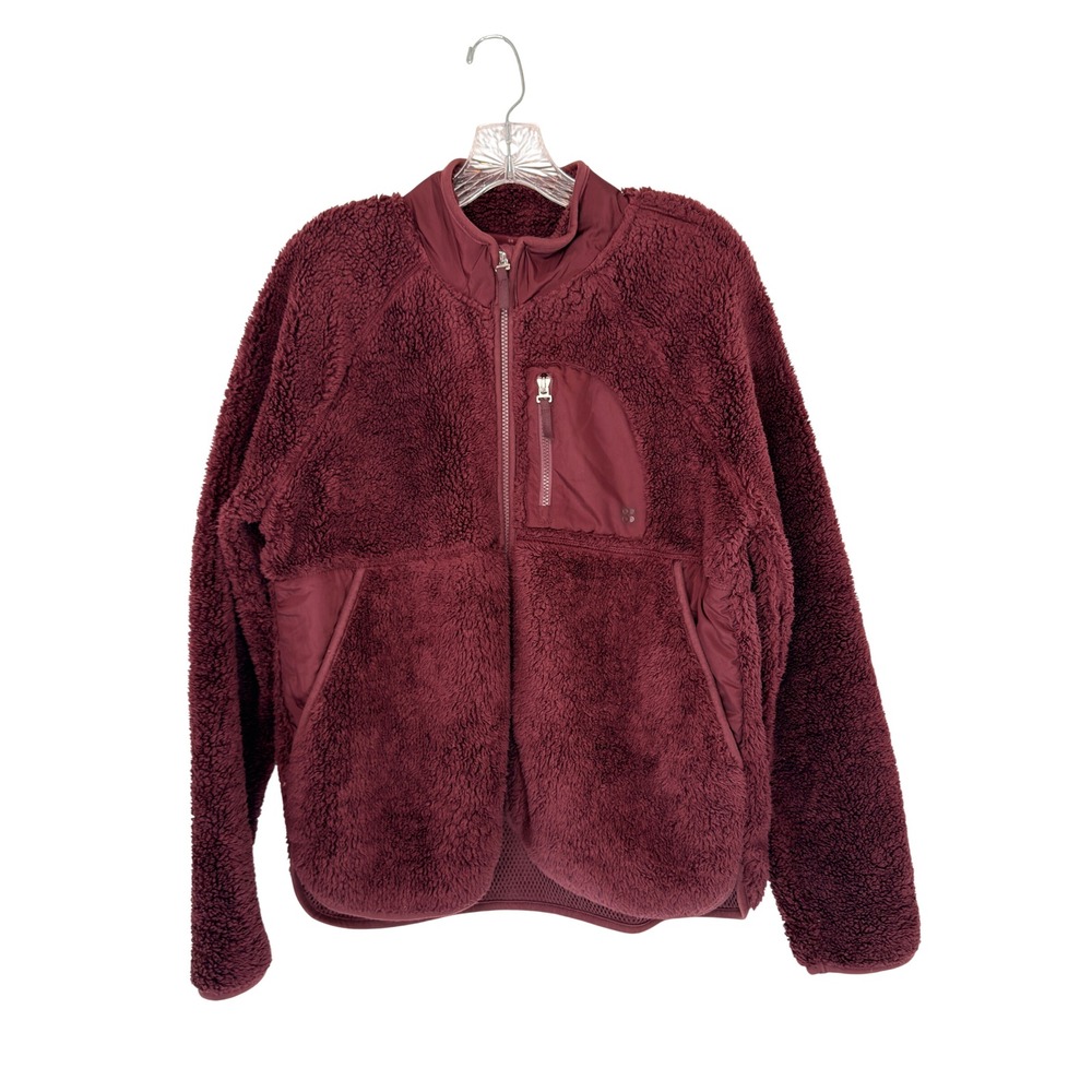 Sweaty Betty Pennine Fleece Jacket Full Zip Sherpa Teddy Jacket Burgundy Size 10